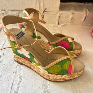 Kate Spade pink and green espadrille straw wedge size 8